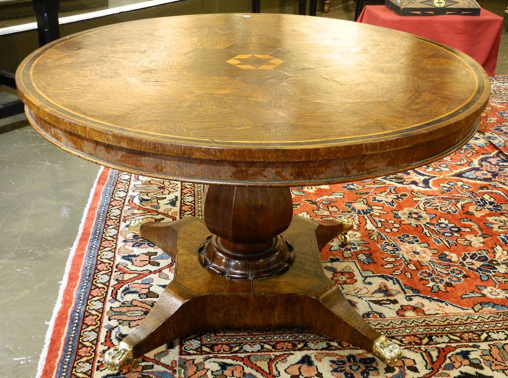 Regency Parquetry Oak & Specimen Timber Center Table,: Regency Parquetry Oak & Specimen Timber Center Table, 46 3/4" diameter.