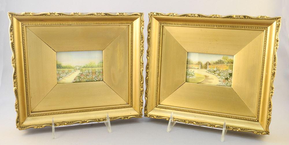 Pair of Silk Embroidery & Watercolour Garden Studies, 2 1/8" x 3 1/8". (1 of 5)