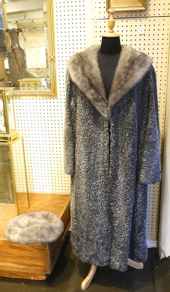 Scuby Furs Full Length Silver Persian Lamb Coat with Mink Collar & Matching Hat. (1 of 2)