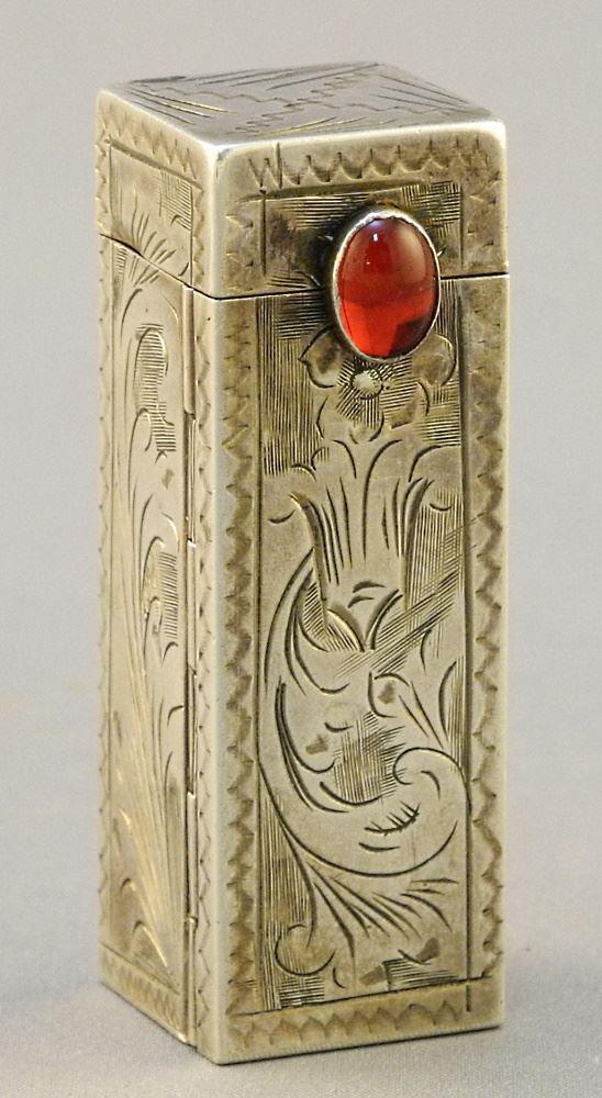 Silver .800 (Marked) Lipstick Case with Cabochon Clasp, 2" high.: Silver .800 (Marked) Lipstick Case with Cabochon Clasp, 2" high.