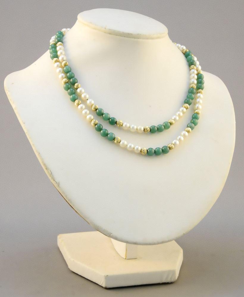 Strand of Uniform Pearl / Jade Beads & Gold Tone Spacers, 30" length.: Strand of Uniform Pearl / Jade Beads & Gold Tone Spacers, 30" length.