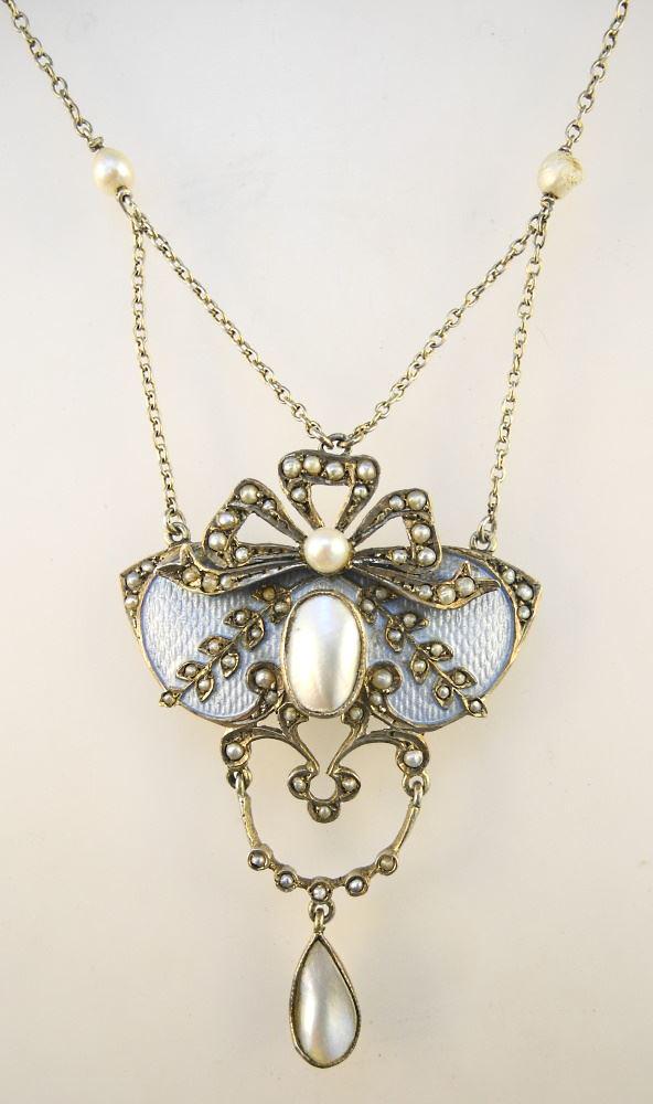 Edwardian Seed Pearl & Blue Guilloche Silver Lavalier, Marked 925.: Edwardian Seed Pearl & Blue Guilloche Silver Lavalier, Marked 925.
