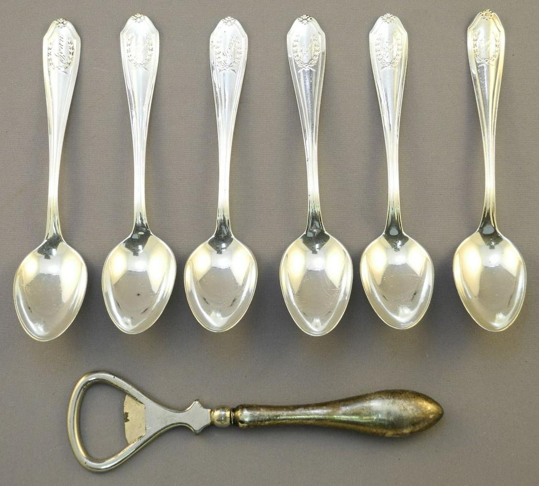 6 Sterling Silver Coffee Spoons & a Bottle Opener, TW:149 Grams, Spoons Engraved Joan.: 6 Sterling Silver Coffee Spoons & a Bottle Opener, TW:149 Grams, Spoons Engraved Joan.
