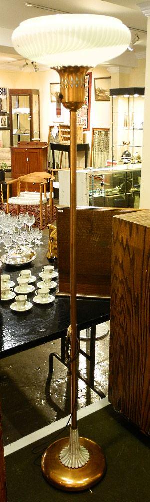 Copper Torchiere Floor Lamp with Iridescent Shade & Glass Inset Base, 65" High. (1 of 3)