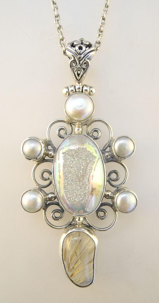 Silver, Pearl & Rutilated Quartz Pendant on Chain, TL 26 3/4". (1 of 2)