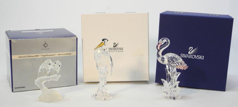 3 Swarovski Figurines & Boxes: Love Birds/ Flamingo & Heron. (1 of 3)