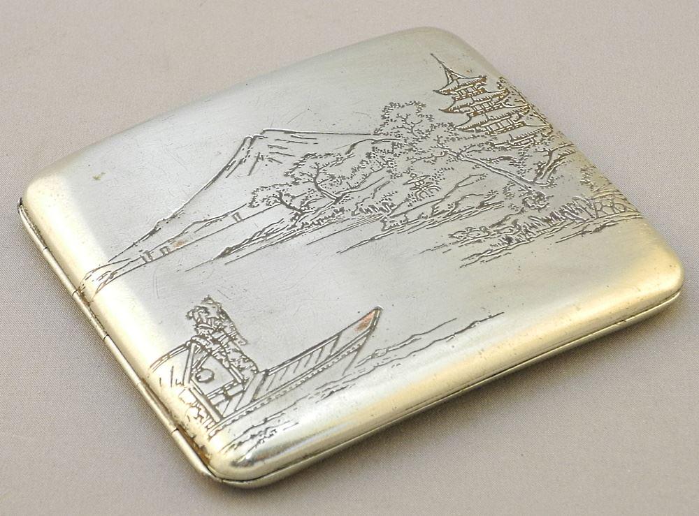 Japanese Copper & Niello Inlaid Sterling Silver Cigarette Case, 97 Grams, 3 5/8" Wide. (1 of 3)