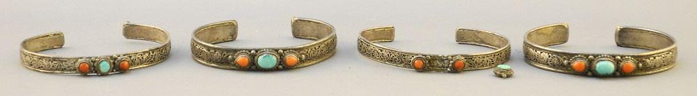 4 Sino Tibetan Silver Alloy Bracelets with Coral & Turquoise, 1 Stone Missing. (1 of 2)