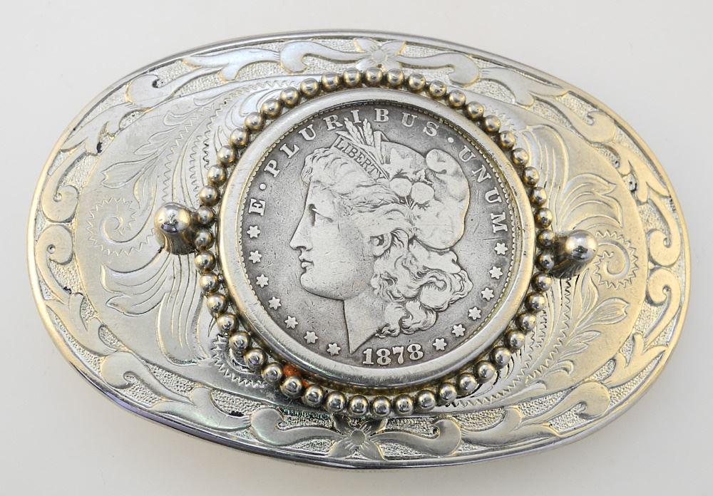Modern Belt Buckle Inset with 1878 American Silver Dollar, 3 1/2" Wide. (1 of 2)