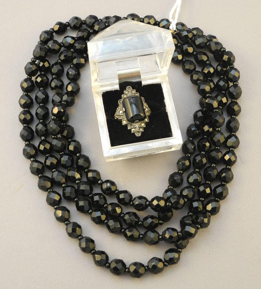 Strand of Faceted Jet Beads, 54 1/2" & a Marcasite Mourning Ring.: Strand of Faceted Jet Beads, 54 1/2" & a Marcasite Mourning Ring.