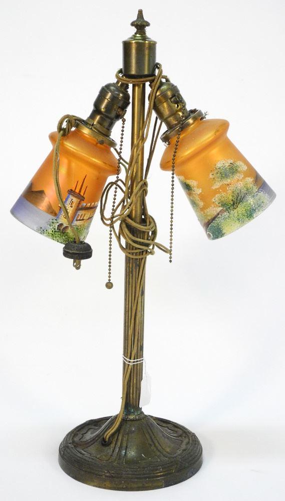 Antique Hand Painted Iridescent Glass Table Lamp, 21 3/4" High. (1 of 2)