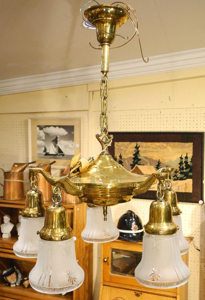 Vintage Brass Light Fixture with Clear Etched Shades. (1 of 2)