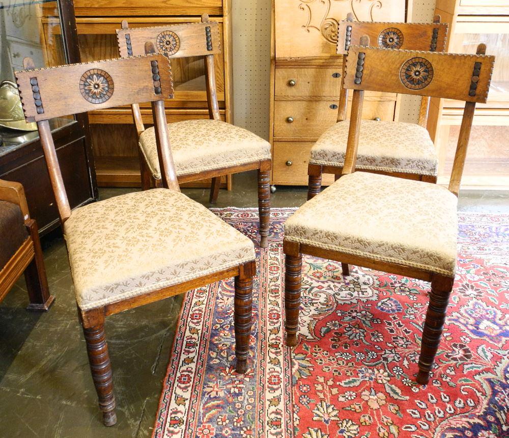 6 Oak Dining Chairs with Foliate Roundel, 34"' High. (1 of 4)