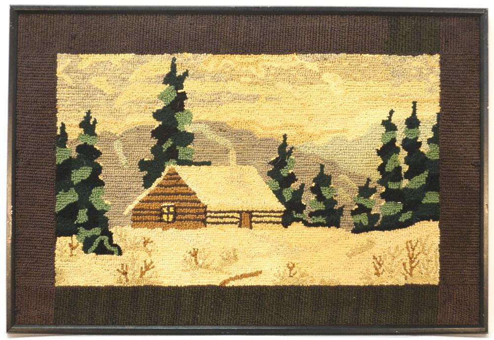 Vintage Hooked Mat, "Cabin Scene", Framed, 19 3/4" x 29 1/2". (1 of 1)