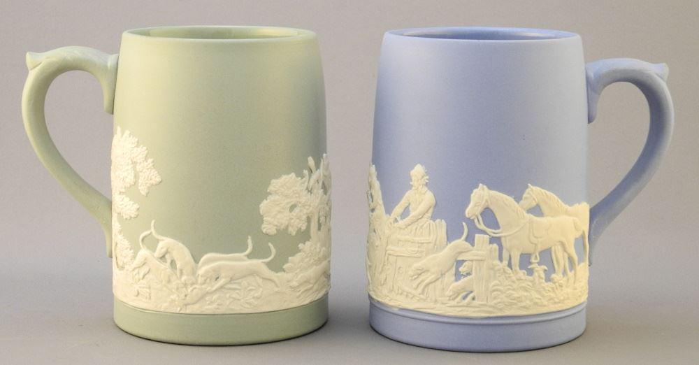 2 Dudson Jasperware Pint Beer Mugs, 1 Blue & White, 1 Green & White, 5" High.: 2 Dudson Jasperware Pint Beer Mugs, 1 Blue & White, 1 Green & White, 5" High.