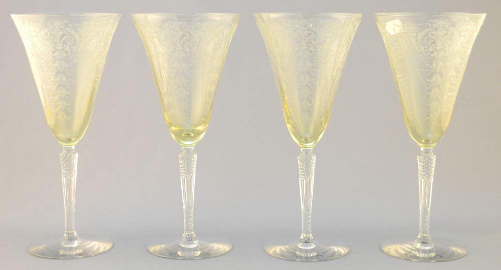 Set of 4 Cambridge Yellow Glass Wine Glasses, Cornucopia Pattern, 8 1/4".: Set of 4 Cambridge Yellow Glass Wine Glasses, Cornucopia Pattern, 8 1/4".