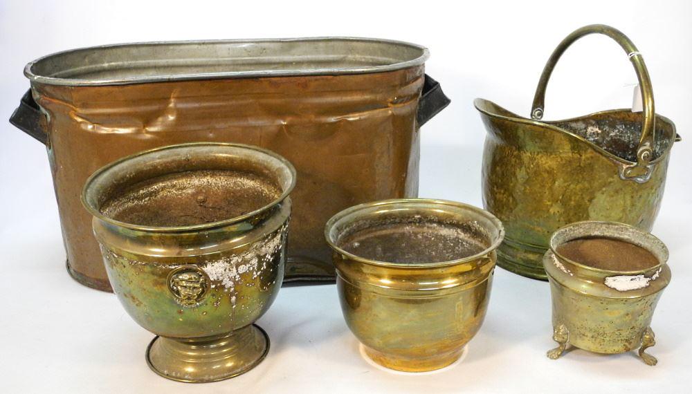 Copper Washer, Brass Coal Scuttle & 2 Brass Planters, Washer 23" Length. (1 of 3)