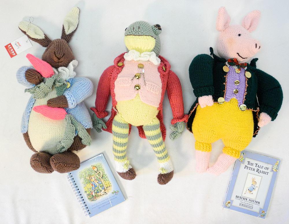 3 Handmade Beatrix Potter Dolls with Books, 18" High.: 3 Handmade Beatrix Potter Dolls with Books, 18" High.