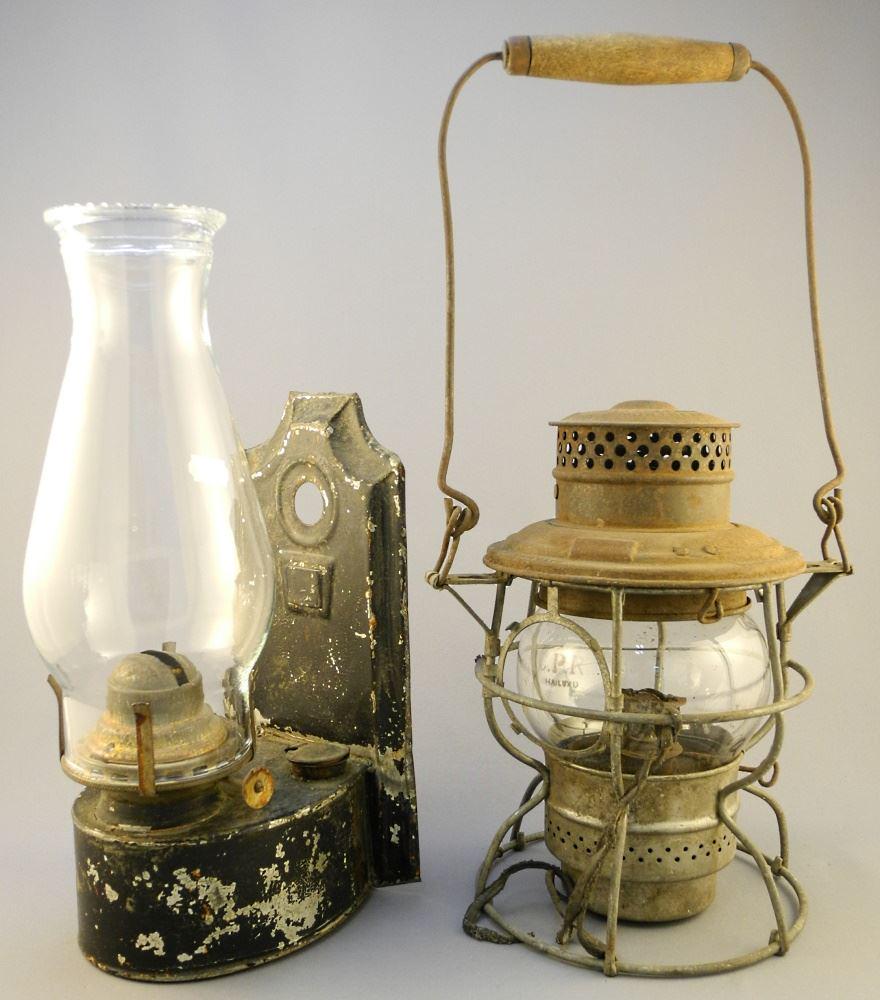 C.P.R. Oil Lantern & a Wall Mount Oil Lamp, 12" High.: C.P.R. Oil Lantern & a Wall Mount Oil Lamp, 12" High.