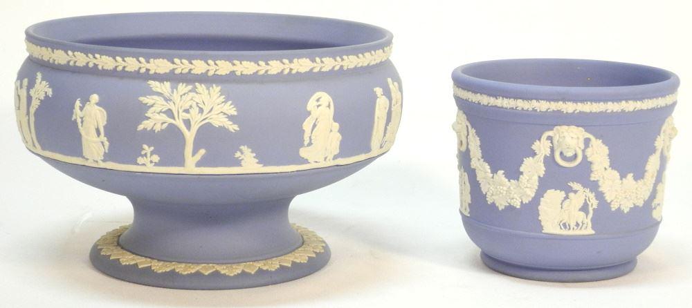 2 Pieces of Wedgwood Pale Blue Jasperware: Pedestal Bowl, 8 1/4"D & Cache Pot, 4 1/4"H. (1 of 2)