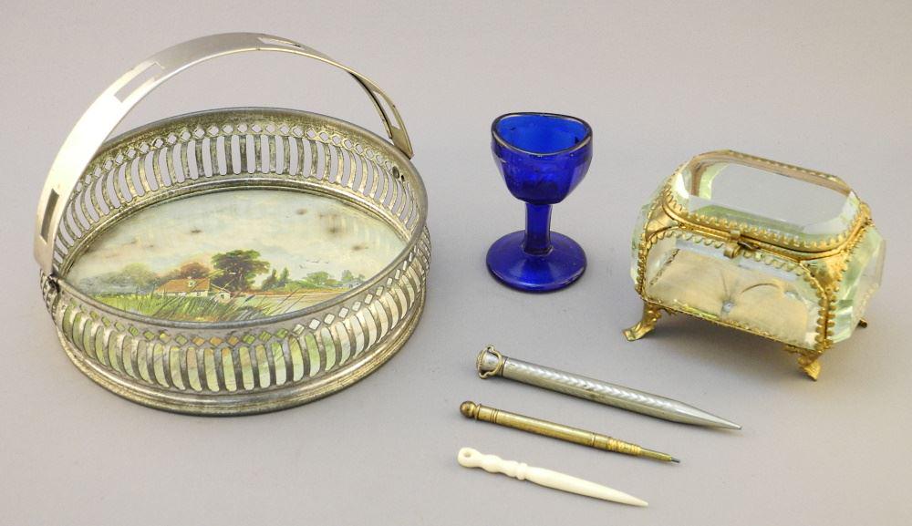 Curiosity Lot: Lithograph, Dish, Class Casket, Eye Washer, Mechanical Pencils, Bone Needle.: Curiosity Lot: Lithograph, Dish, Class Casket, Eye Washer, Mechanical Pencils, Bone Needle.