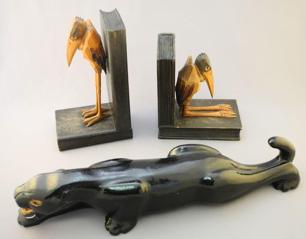 Folk Art Black Panther & Carved Wood Book Ends, 17"L & 8 3/4"H (3 Pieces) (1 of 3)