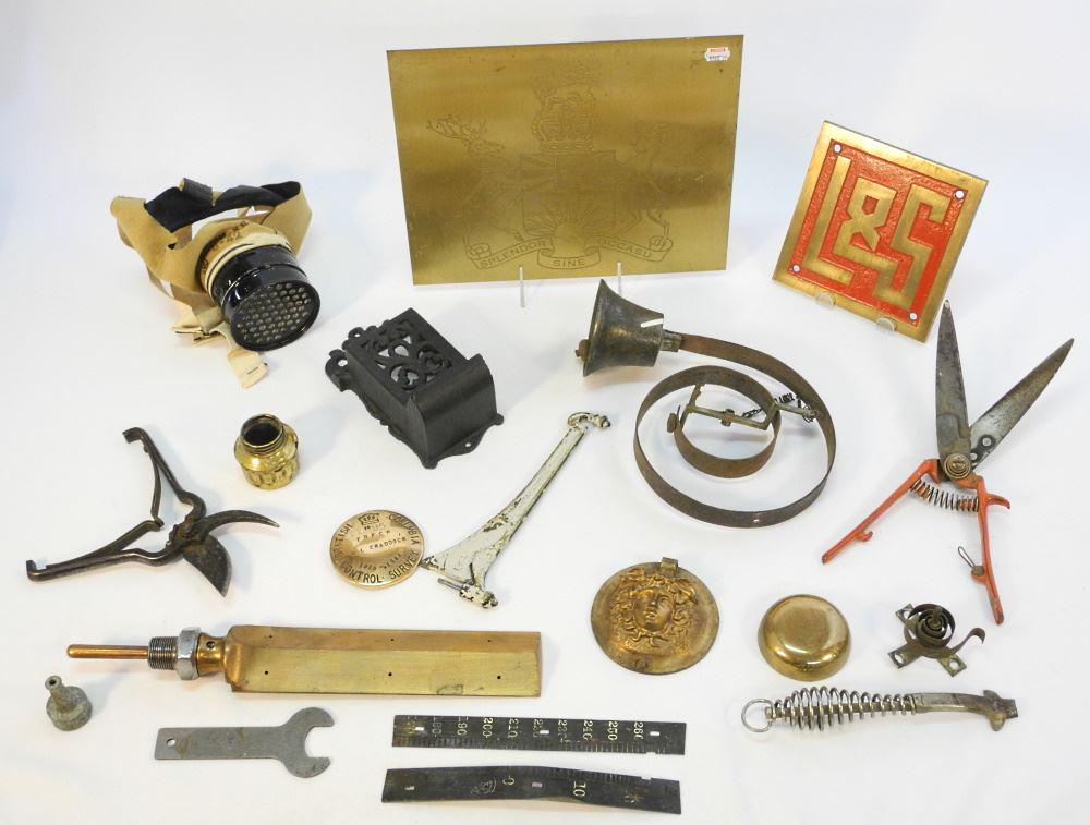 Collection of Brass Name Plates, Tools & Bells. (1 of 1)