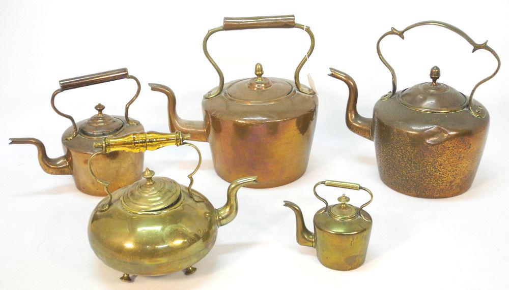 Collection of 5 Copper & Brass Kettles, Largest 12" High. (1 of 2)