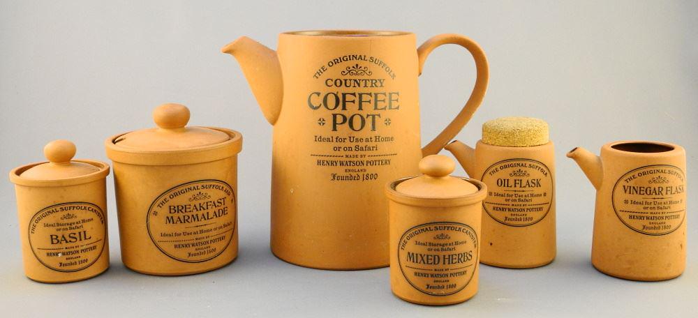 Collection of Henry Watson Pottery Kitchen Canister, One Lid Missing.: Collection of Henry Watson Pottery Kitchen Canister, One Lid Missing.