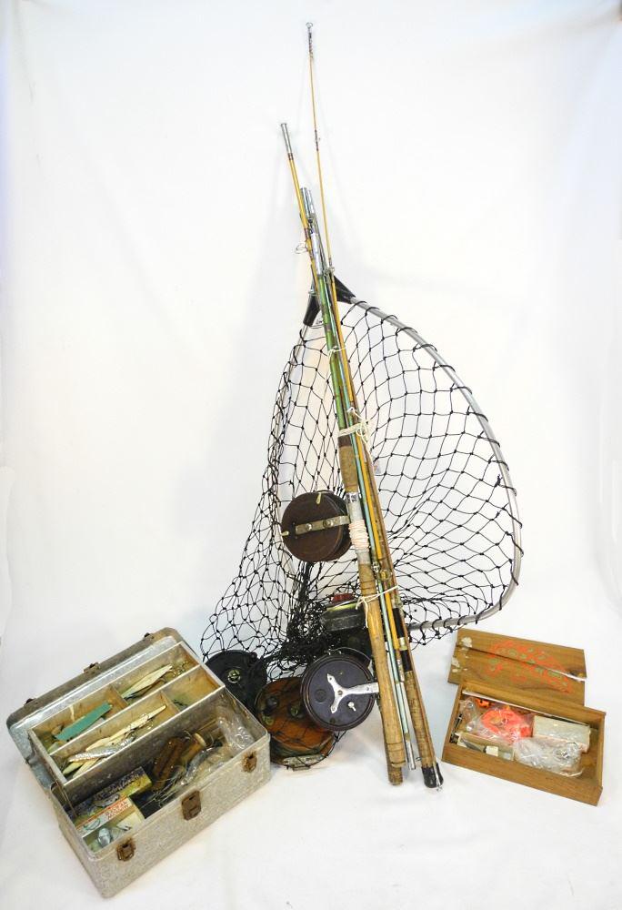 Group of Fishing Items: Rods, Reels, Nets, Including Peetz Alpha, Etc.: Group of Fishing Items: Rods, Reels, Nets, Including Peetz Alpha, Etc.
