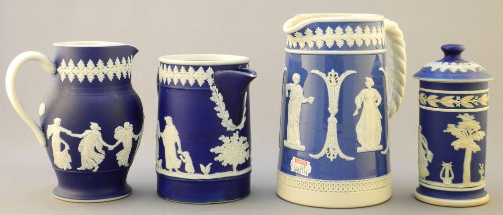 3 Dudson Jasperware Blue & White Pitchers & 1 Covered Jar,  6 1/4"H. (1 of 1)