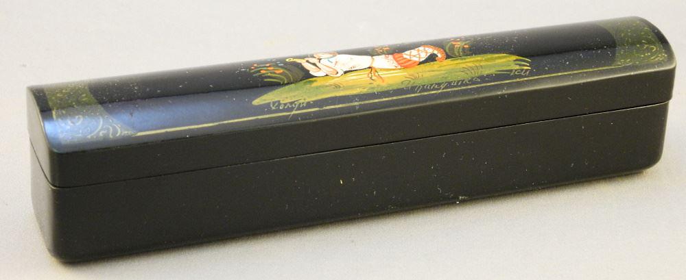 Signed Russian Lacquered Wood Box, 6 1/4" Length. (1 of 2)