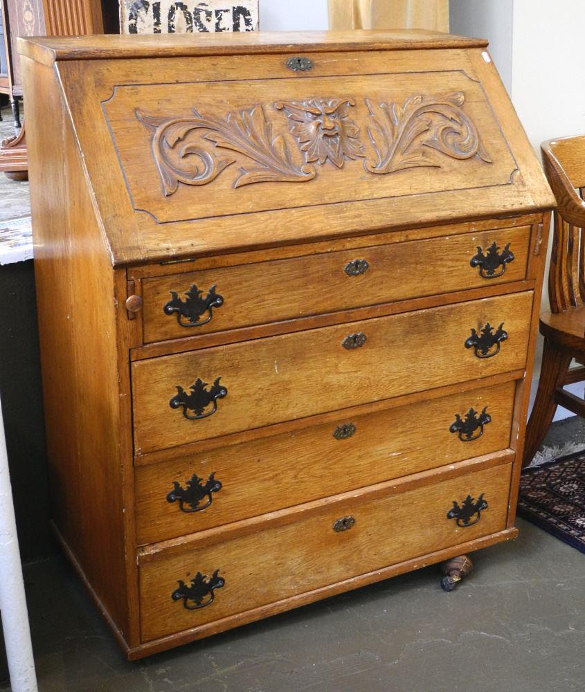 Oak Fall Front Bureau with Green Man Motif, Feet Noted, 31 1/2" Wide. (1 of 5)