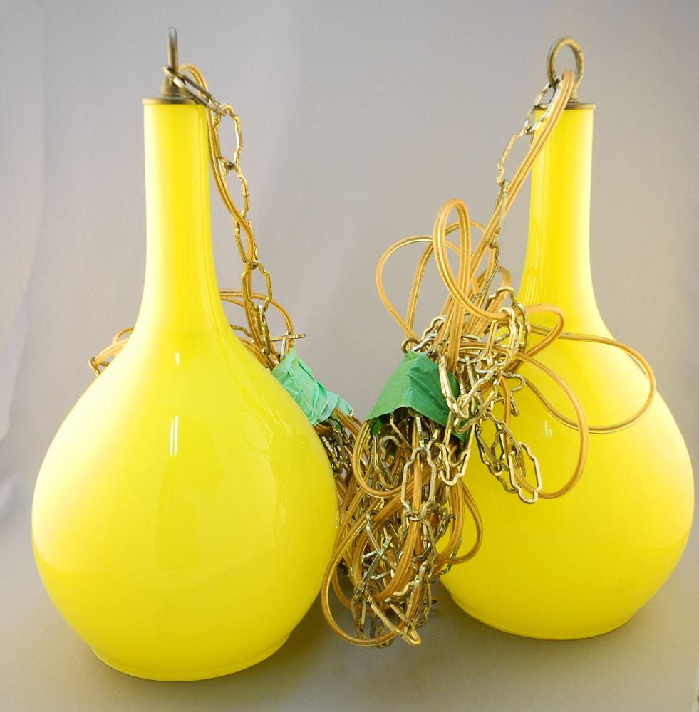 Pair of Holmegaard Denmark Yellow Glass Swag Lamps, 15 1/2" High.: Pair of Holmegaard Denmark Yellow Glass Swag Lamps, 15 1/2" High.