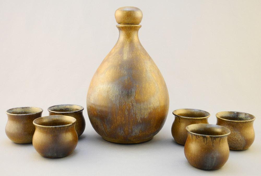 Grove Stoneware Sake Set, Bottle 7 3/4" High, 7 Pieces, 1 Cup Chipped. (1 of 3)