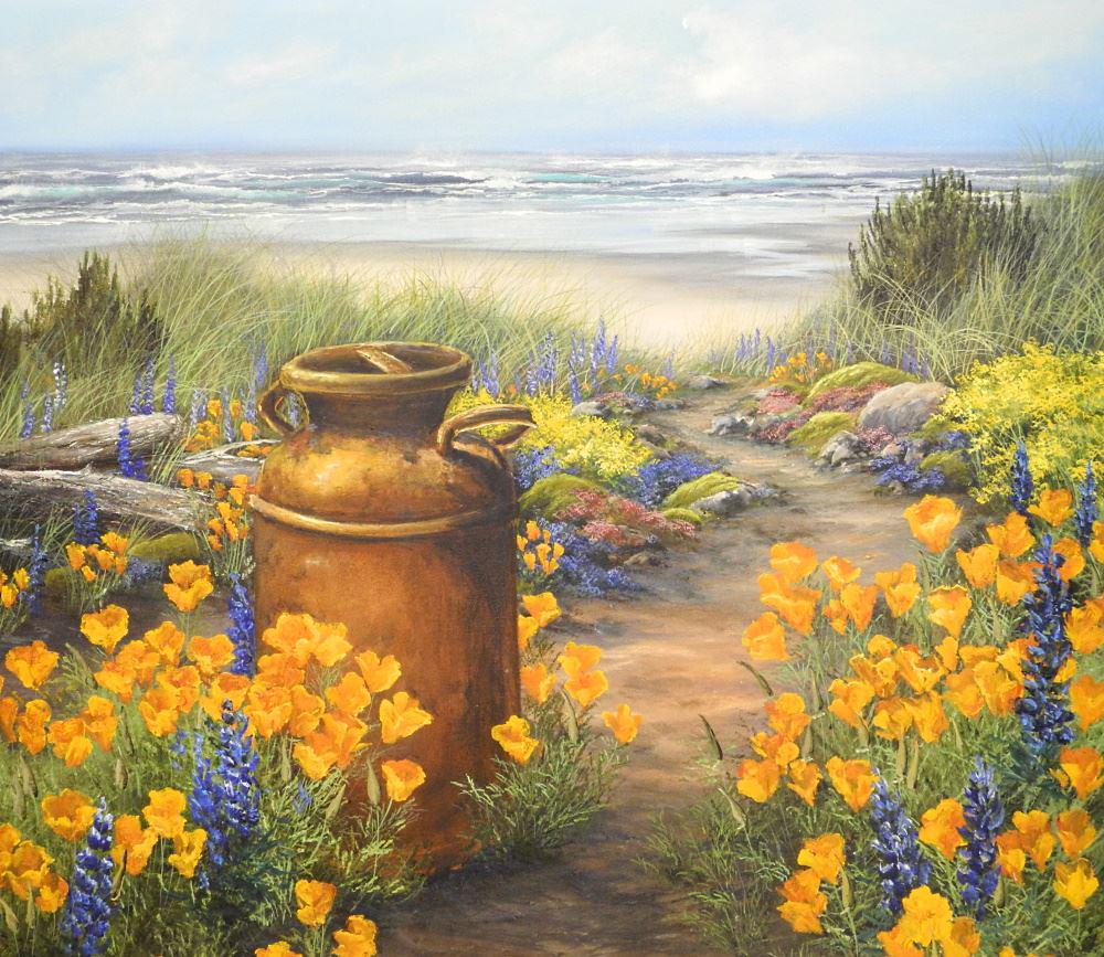 Oil on Canvas Signed Patsee (Parker) 1987 Verso, 34 1/2" x 39", Untitled- Poppies & Milk Pail.: Oil on Canvas Signed Patsee (Parker) 1987 Verso, 34 1/2" x 39", Untitled- Poppies & Milk Pail.