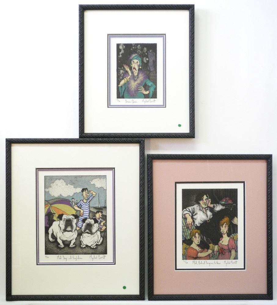Set of 3 Coloured Etchings Signed Mychael Barratt, Largest 9" x 7". (1 of 3)