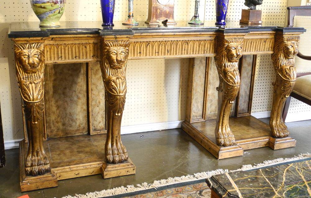Giltwood Paw Foot Console with Tessellated Marble Top, 72" Wide.: Giltwood Paw Foot Console with Tessellated Marble Top, 72" Wide.