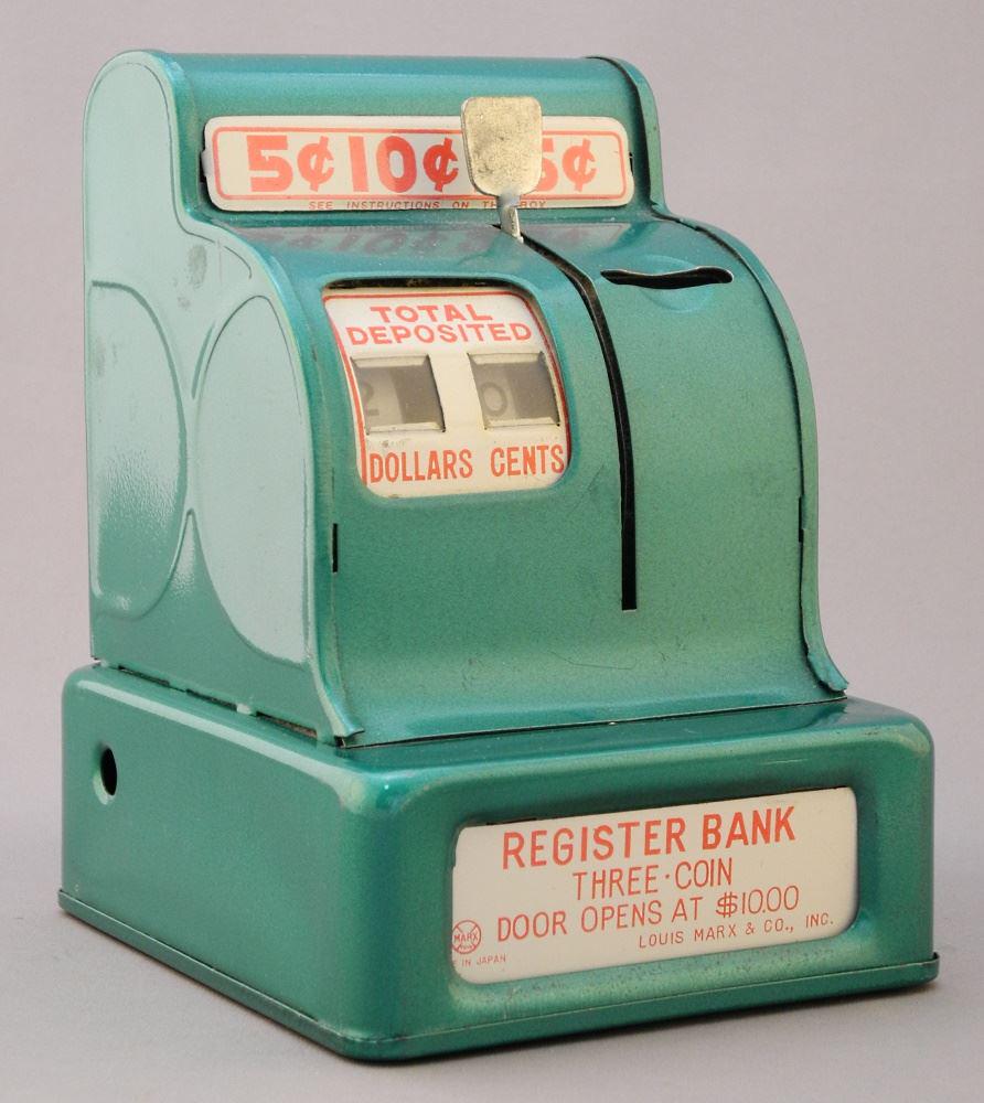 Louis Marx & Co. 3 Coin Register Bank, 6 3/8" High.: Louis Marx & Co. 3 Coin Register Bank, 6 3/8" High.