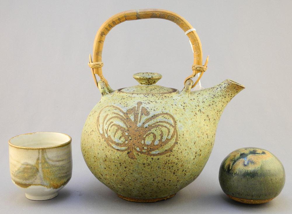 3 Pieces of Pottery: Righton Teapot (8 3/4"H)/ Hara Cup/ Kingsmill Paper Weight.: 3 Pieces of Pottery: Righton Teapot (8 3/4"H)/ Hara Cup/ Kingsmill Paper Weight.