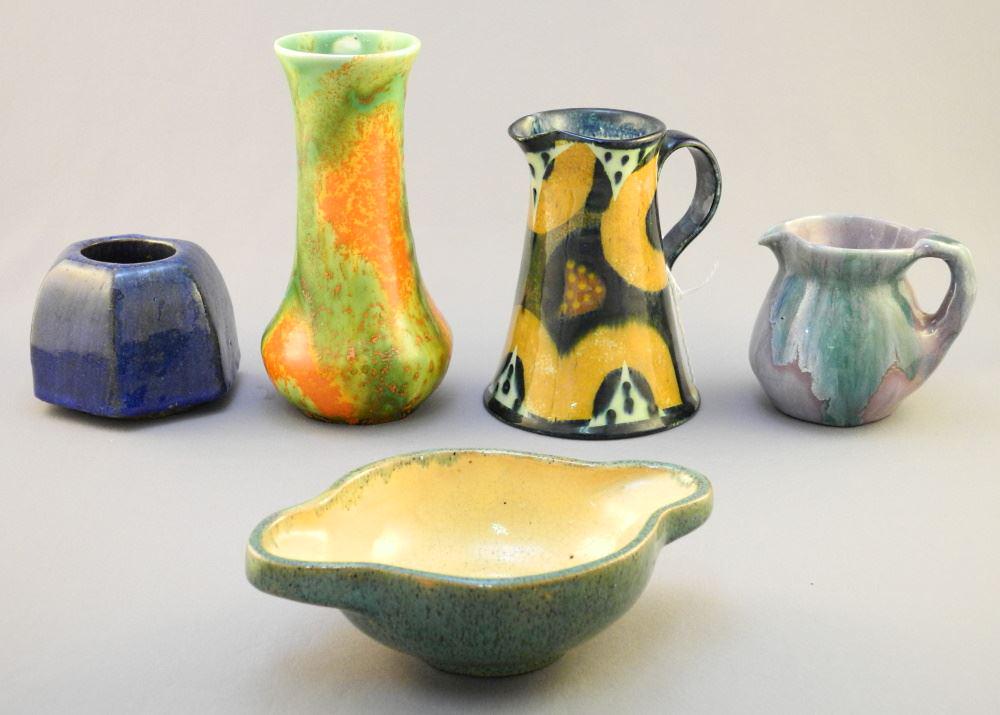 5 Pieces of Art Pottery: 2 Jugs/ 2 Vases & a Dish. (1 of 5)