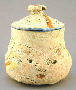 Covered Clay Vessel Signed Viola Frey, 5 1/2" High.: Covered Clay Vessel Signed Viola Frey, 5 1/2" High.