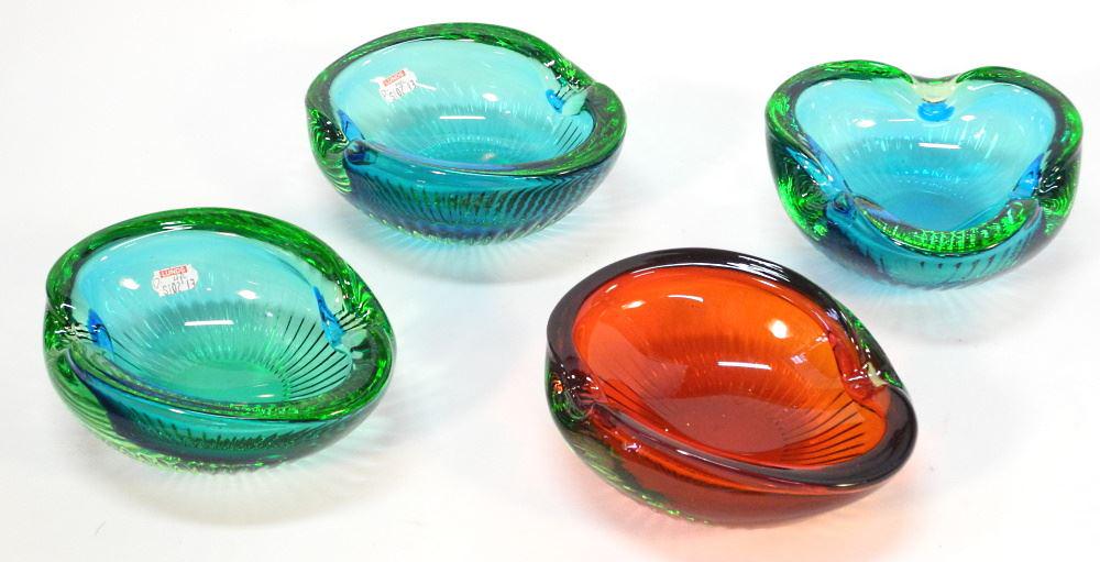 4 Various Murano Glass Ribbed Ashtrays, 6 1/8" - 6 3/4" Wide.: 4 Various Murano Glass Ribbed Ashtrays, 6 1/8" - 6 3/4" Wide.