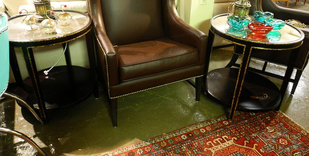 Pair of Contemporary Gilt & Ebonised Verre Eglomise Round Lamp Tables, 26 1/2" High. (1 of 4)