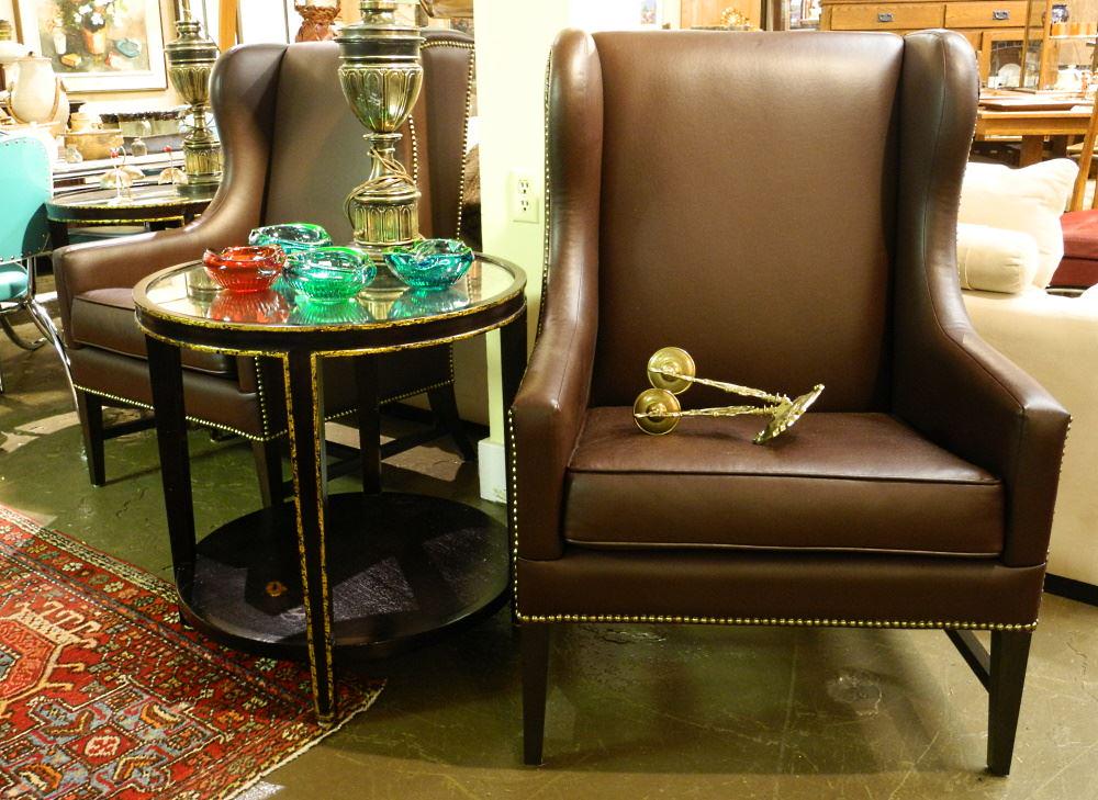 Pair of Contemporary Wing Back Armchair Garnished with Tacks, 42" High. (1 of 2)