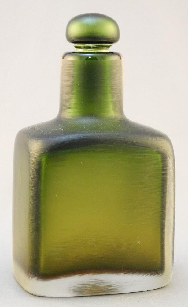 Venini Italy Green Glass Bottle, Base Signed, 7 1/8" High. (1 of 7)