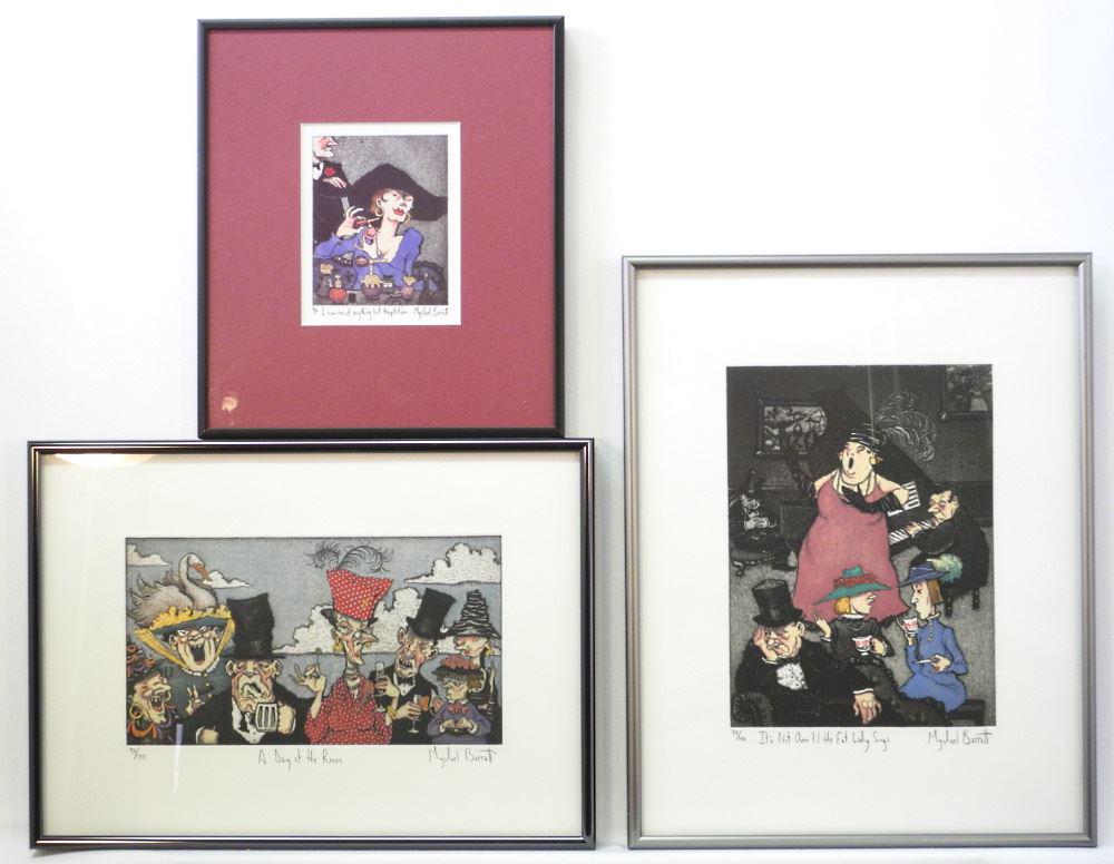 Set of 3 Coloured Etchings Signed Mychael Barratt, Largest 10" x 7". (1 of 3)