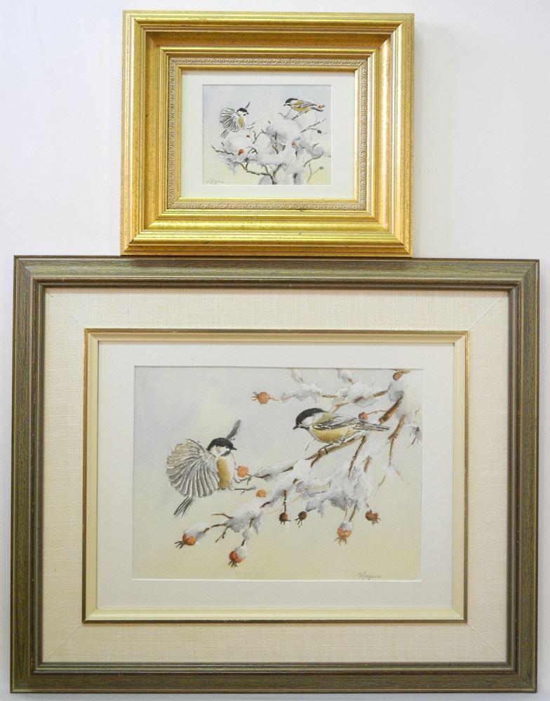 2 Watercolours Signed Morgan (Warren), 9 1/4" x 12 1/2" & 4 1/2" x 5 3/4", "Chickadees".: 2 Watercolours Signed Morgan (Warren), 9 1/4" x 12 1/2" & 4 1/2" x 5 3/4", "Chickadees".