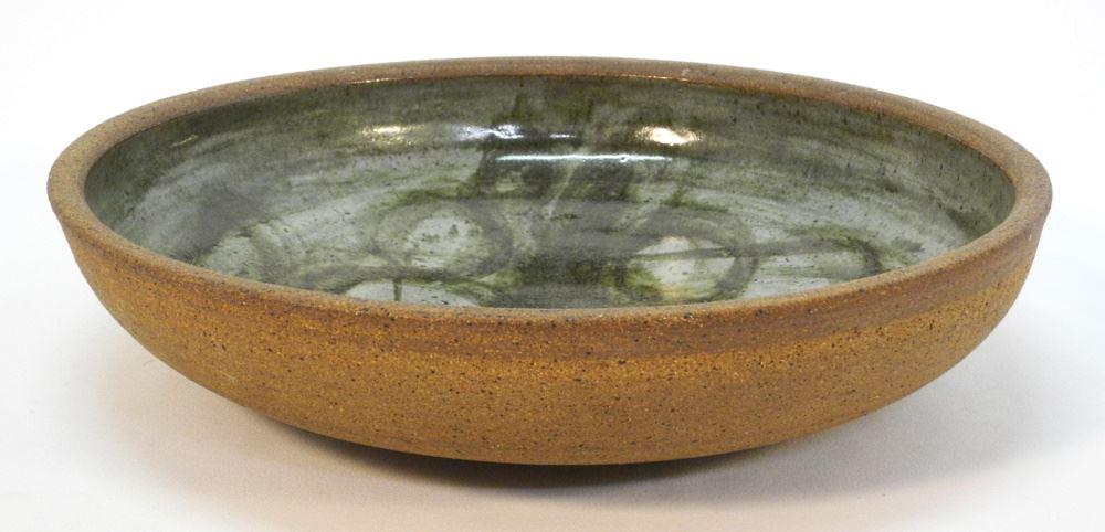 Stoneware Bowl Signed (Marilyn) Levine 1966, 4" x 16 7/8" Diameter.: Stoneware Bowl Signed (Marilyn) Levine 1966, 4" x 16 7/8" Diameter.