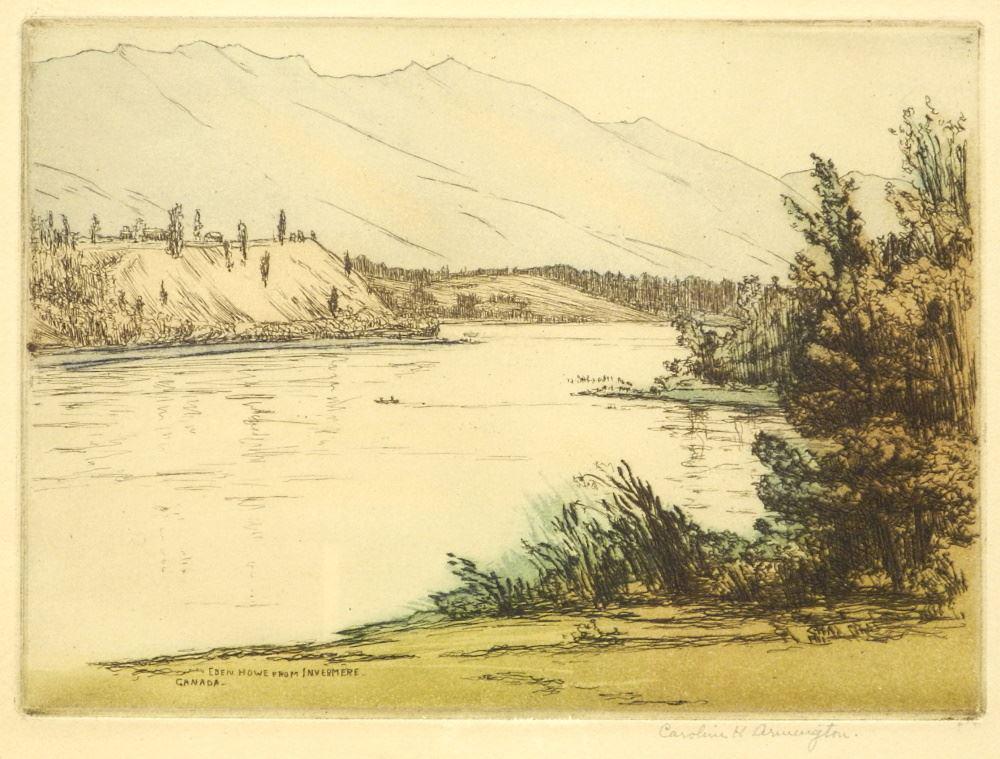 Hand Coloured Etching Signed Caroline H. Armington, 9 1/2" x 4 1/4, "Windemere". (1 of 4)